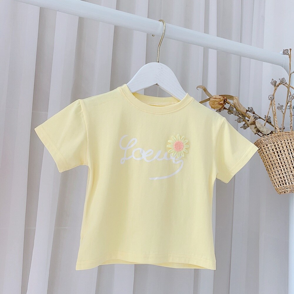Zomer Outfits Meisjes T-shirt Kids Kinderen Baby Korte Mouw Casual Bloem Brief O-hals Tops Basic Tee T-shirts S12483: Yellow / 3T