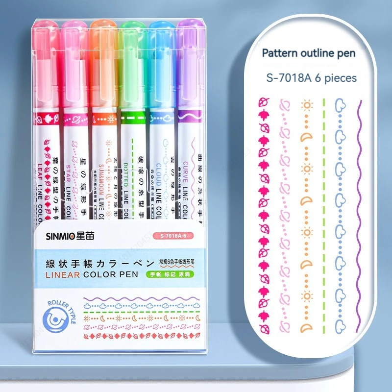 6 stks/set Bloem Lijn Vorm Markeerstift Roller Tip Curve Liner Marker Kawaii Koreaanse Briefpapier School Kantoorbenodigdheden: YELLOW
