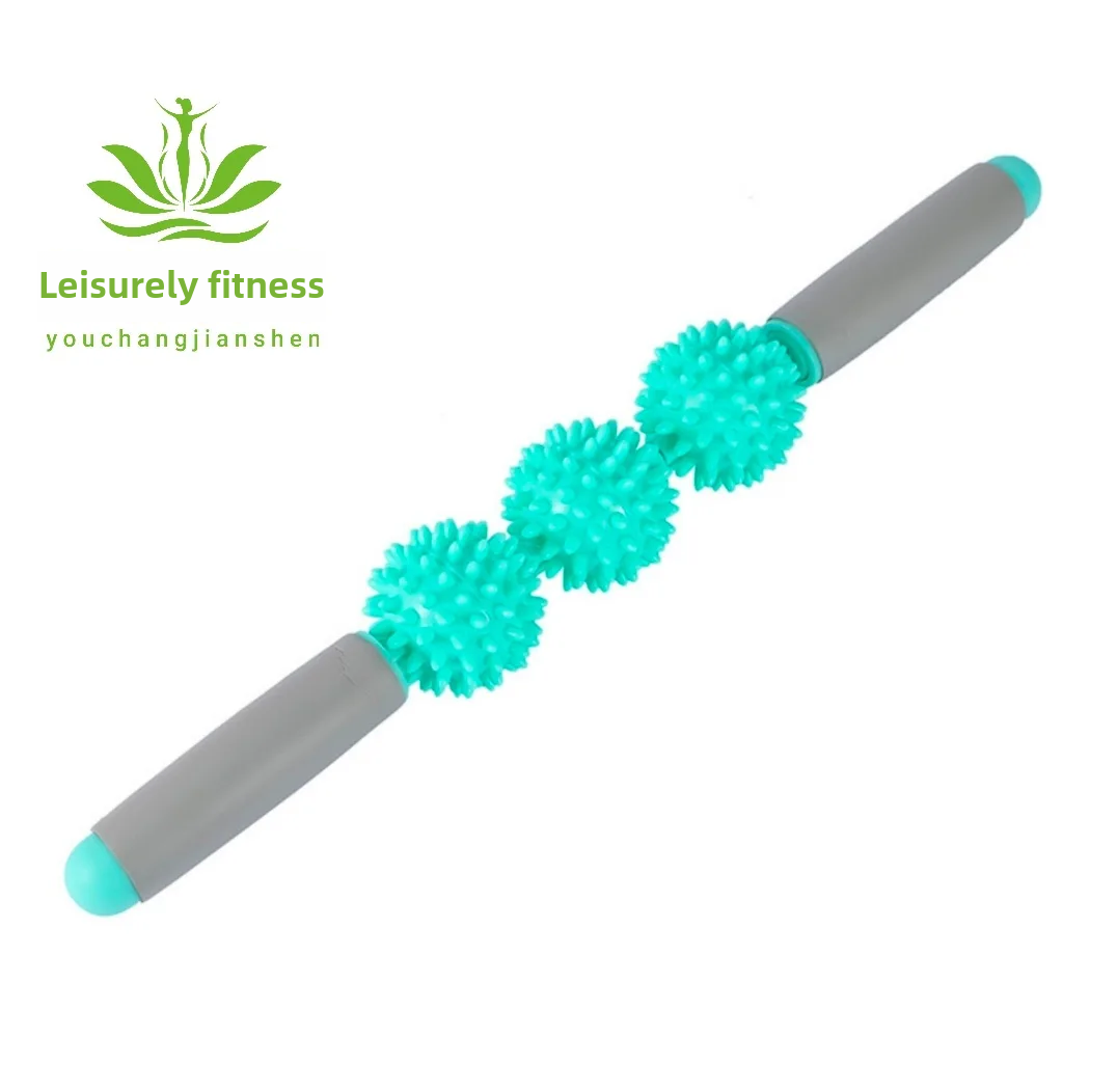 Yoga Fitness Massage Stick Wheel Roller Muscle Relaxation Handheld Ball Lupu Tai Kwu Five Ball Three Wheel Roller Stick: green