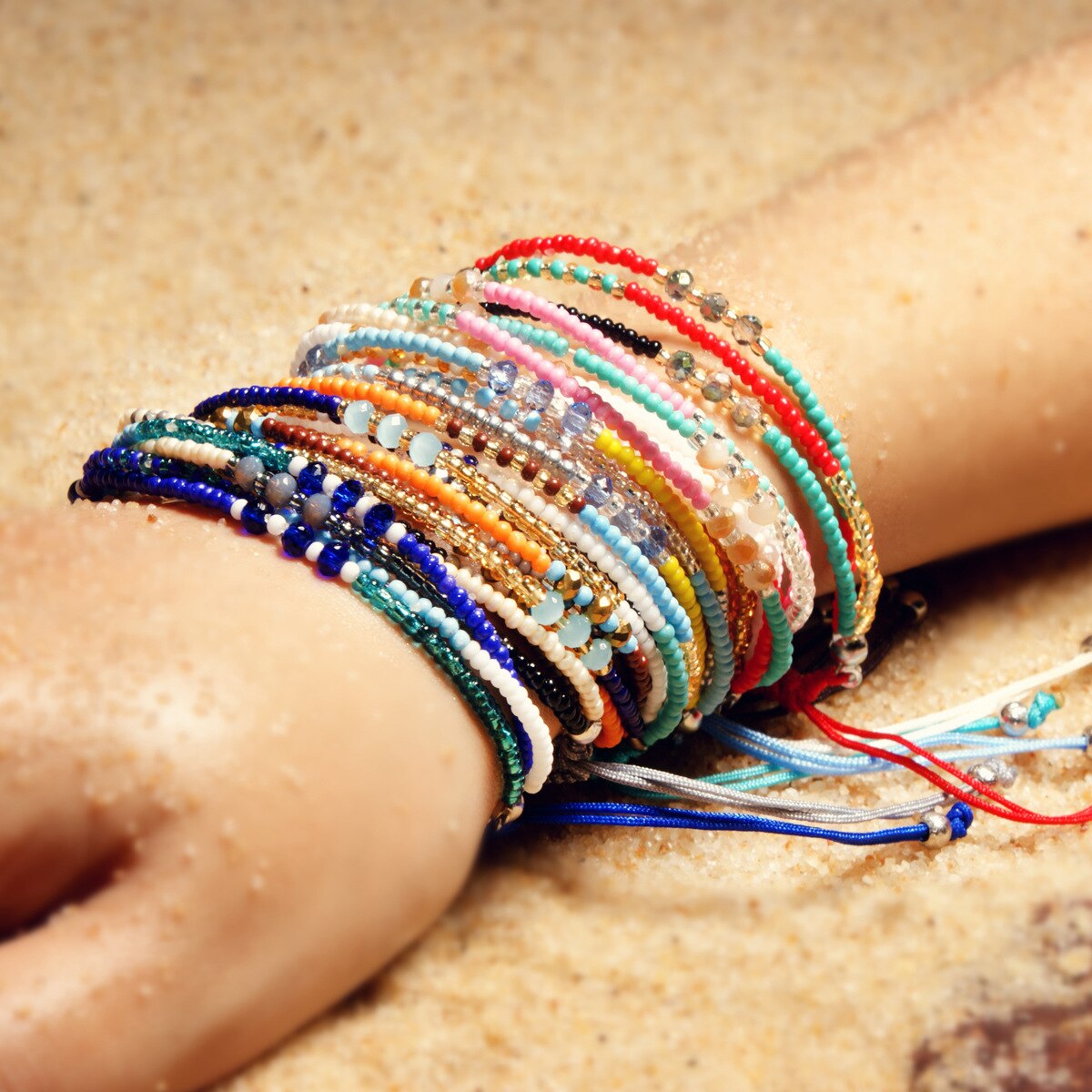Simple Three Layers Multicolor Boho Handmade Tether Seeds Beaded Bracelets for Women Summer Beach Jewelry