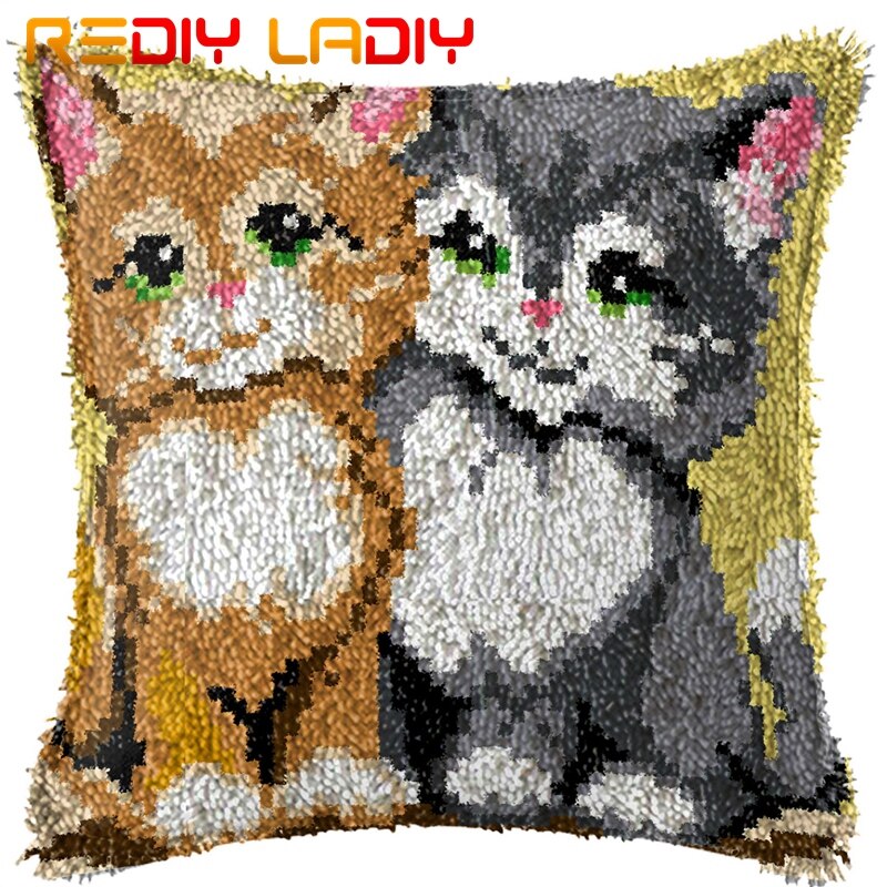 Latch Hook Kits Make Your Own Cushion Two Lovely Cats Printed Canvas Crochet Pillow Case Latch Hook Cushion Front Hobby & Crafts
