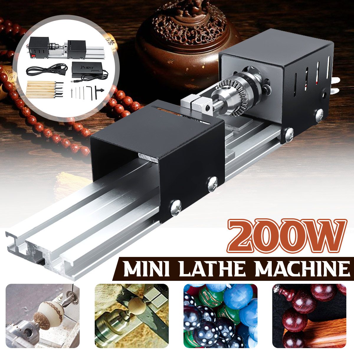 200W 12-24V Mini Wood Lathe Machine DIY Woodworking Buddha Pearl Lathe Grinding Polishing Mini Beads Machine Drill Rotary Tool