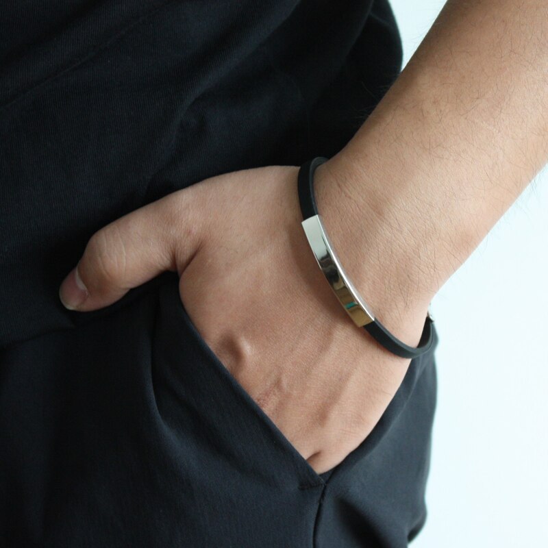 Casual Vintage Handmade Black Rubber Bracelet Silver Color Stainless Steel Bar Silicone Men&#39;s Hand Strap