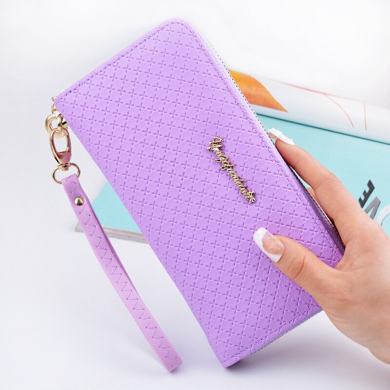 Ladies Zipper Purse Large Capacity Practical Hand Wallet Woman PU Leather Female Long Section Wallet: Purple