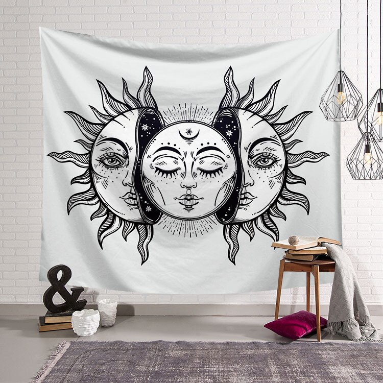 Vintage sol og måne indisk mandala gobelin væghængende hippie sengetæppe sigøjner kunstindretning boheme strandmåtte 95 x 73cm: D