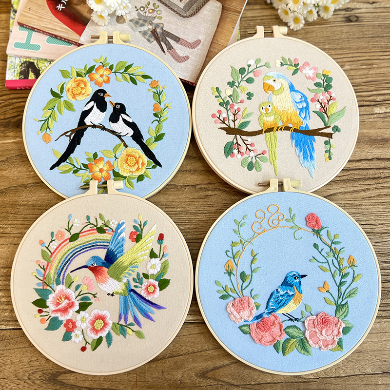 Kit de bordado de flores y pájaros para adultos principiantes, kits de punto de cruz estampados con patrón de pájaros, tela bordada estampada