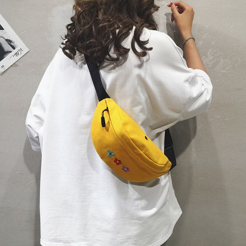 Female Flower Waist Pack Women Floral Embroidery Canvas Fanny Bag Ladies Small Black Yellow Chest Bum Banana Bags: Yellow