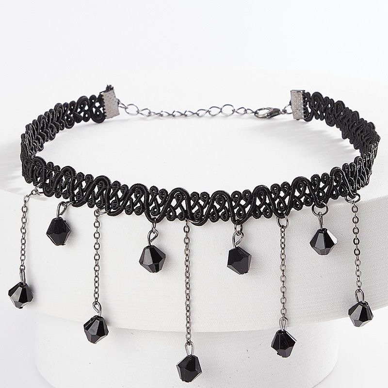 Collar con colgante de cristal negro corto para mujer, gargantilla de encaje tejida con borlas, collar de banda trenzada con cuello bonito y Sexy, adorno para el cuello: Default Title