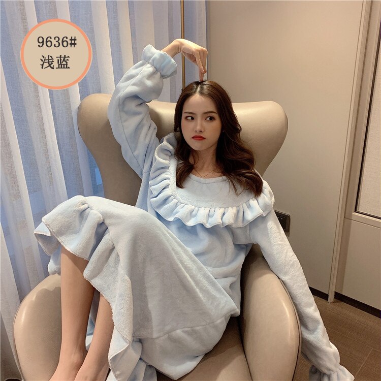 Camisones estampados Kawaii para mujer, ropa para casa suave de terciopelo Coral con volantes, holgados e informales de princesa, para Otoño e Invierno: 9636 light blue