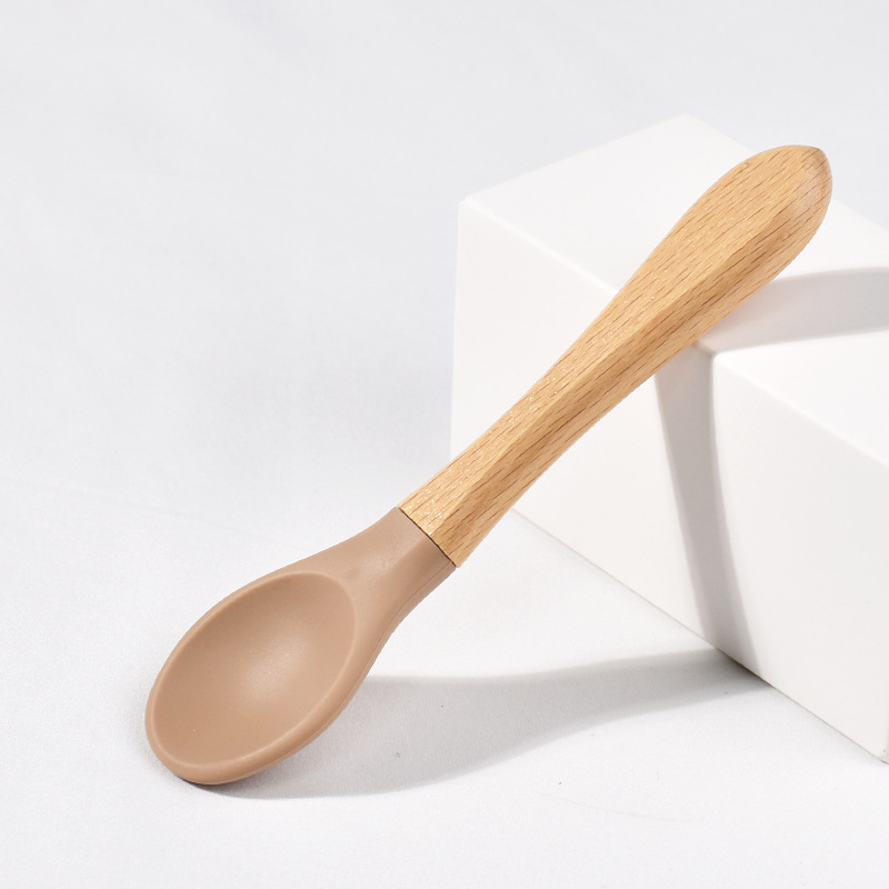 Lusikat vauvan ruokintalusikkahaarukka puinen kahva lusikkahaarukkasetti pehmeä silikonikärkinen lusikkahaarukka bpa-vapaa elintarvikelaatuinen vauva taaperoille: Musta