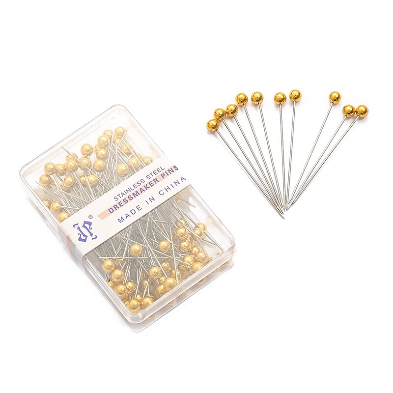 100Pcs/Box 38cm Colorful Round Pearl Head Needles Stitch Straight Push Sewing Pins For Dressmaking DIY Sewing Tools Positioning: Gold Pated