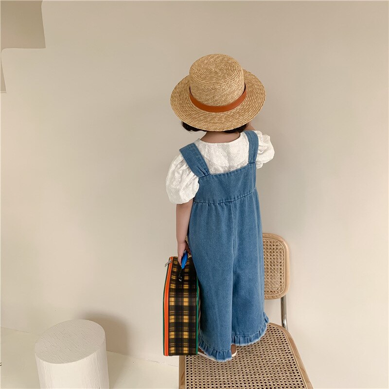 Primavera autunno stile coreano ragazze moda gamba larga increspature tuta di jeans bambini pantaloni larghi con bretelle larghe