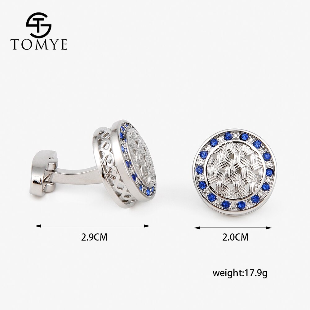 TOMYE Men&#39;s High French Shirt Round Hollow Blue Crystal Cufflinks Business Wedding Luxury Jewelry XK18S026