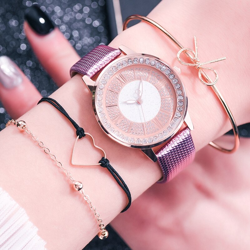 Dames leren sporthorloges quartzhorloges dames polshorloge dameshorloge met strass en armband: Leren paarse set