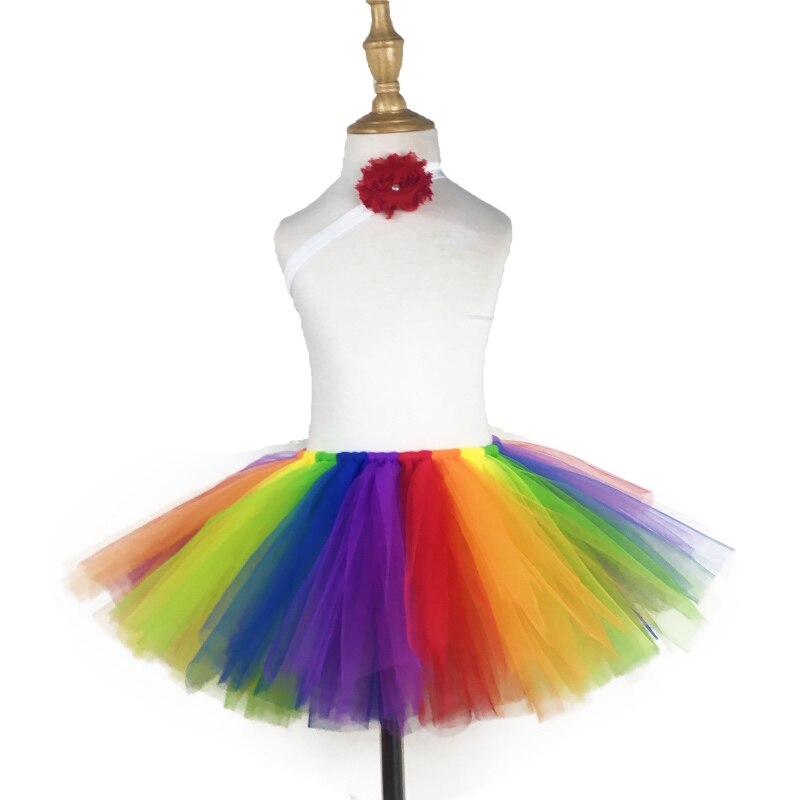 Girls Rainbow Tutu Skirt Baby Handmade Tulle Ballet Pettiskirts Tutus with Red Flower Hairbow Set Kids Party Costume Skirts