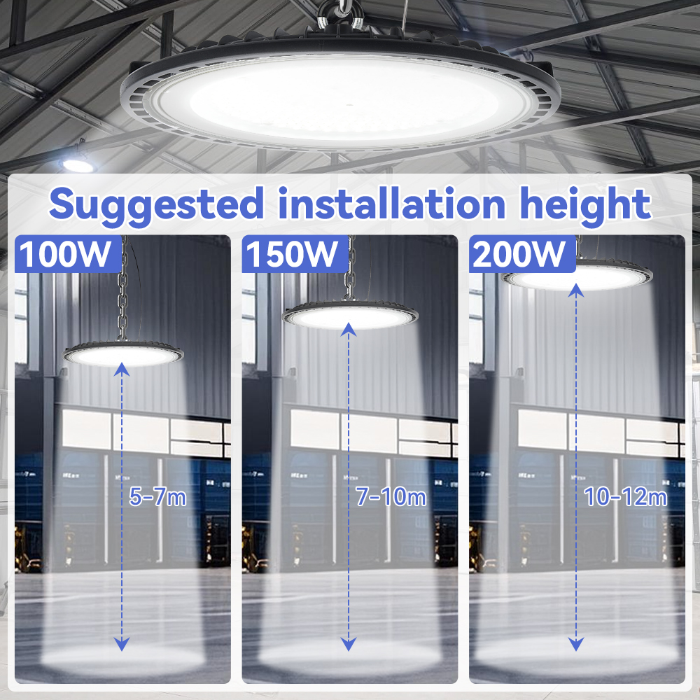 LED-Industrieleuchte, hohes Buchtlicht, hohe Helligkeit, Lagerlampe, 100 W, 150 W, 200 W, mit Sicherheitsseilen, Halterungen für Fabrikladen