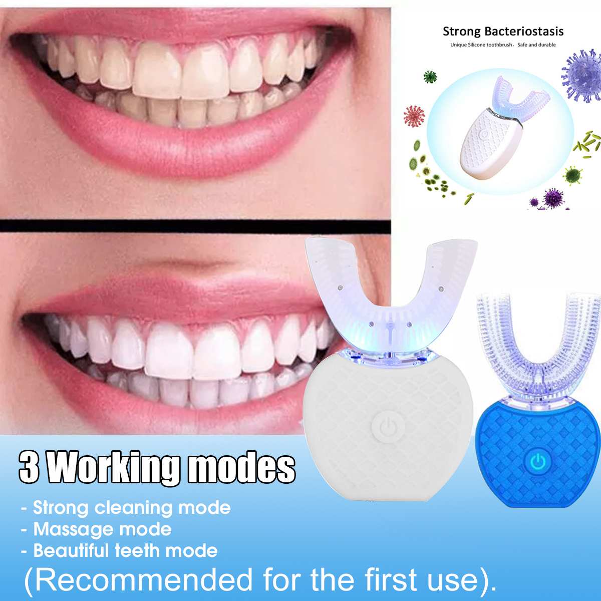 Cepillo de dientes eléctrico sónico automático inteligente de 360 grados U tipo 3 modos cepillo de dientes carga USB blanqueamiento de dientes luz azul