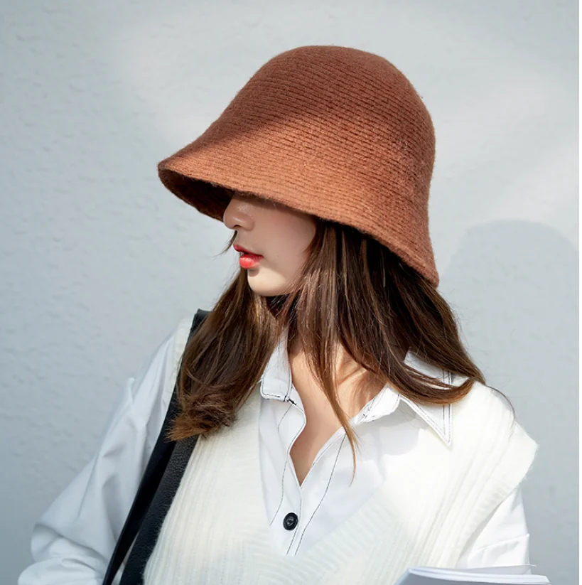 Solid Wool Bucket Hat Women Autumn Winter Fisherman Hat Vintage Knitting Wool Basin Cap