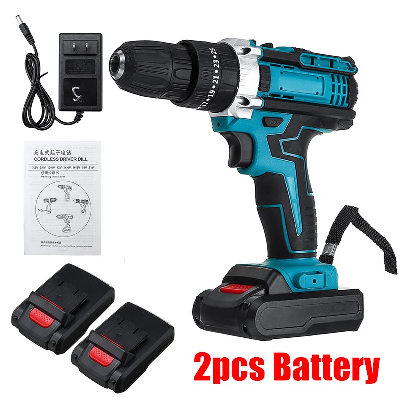 48V Cordless Impact Drill Electric Screwdriver Hammer Drill 25+3 Turque Power Screw Driver Tools with 2 Li-ion Battery