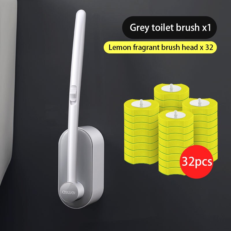 Escobilla para inodoro desechable, herramientas de limpieza sin ángulo muerto, cepillo limpiador de mango largo para el hogar, accesorios de baño para inodoro: 32pcs Lemon Grey