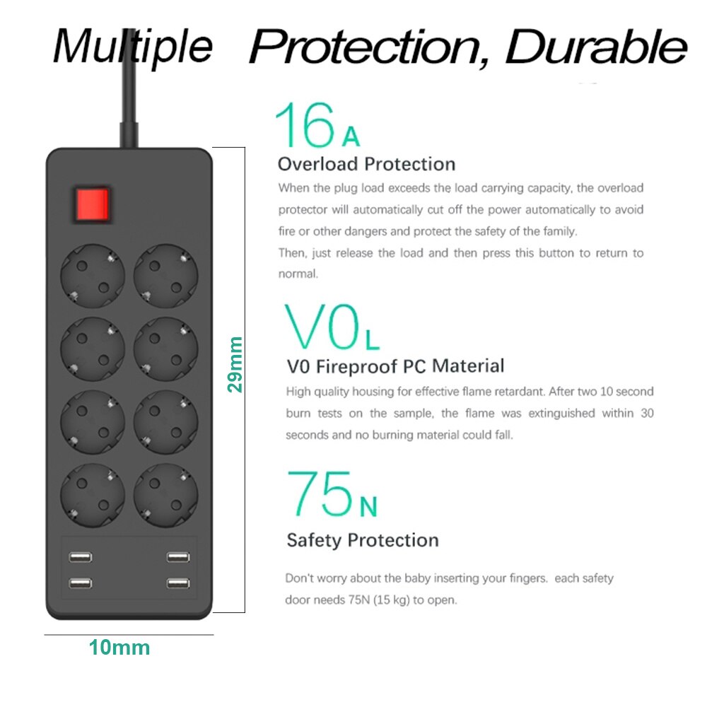 Multiprise multiprise parafoudre 8 prises ca prise ue avec chargeur USB 1.8m rallonge pour ordinateur TV Smartphone