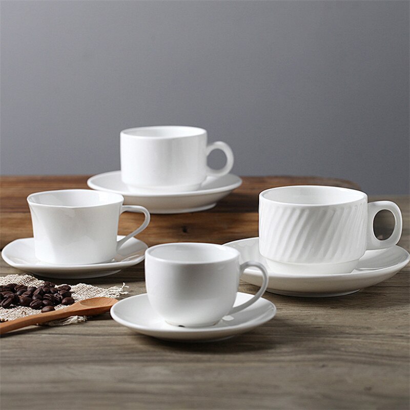 European Ceramic Minimalist Coffee Cup with Saucer Set White Porcelain Afternoon Teacup Latte Cappuccino Mug Drinkware