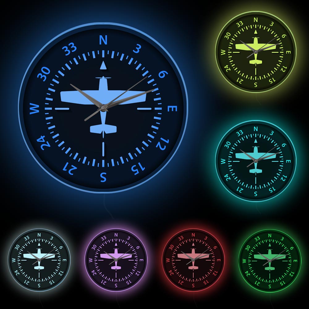 Steering Wheel Flight Instrument Compass Wall Clock Turns Pilots Aviation Aircraft Home Décor Airplane Silemt Movement Watch: White Frame With LED