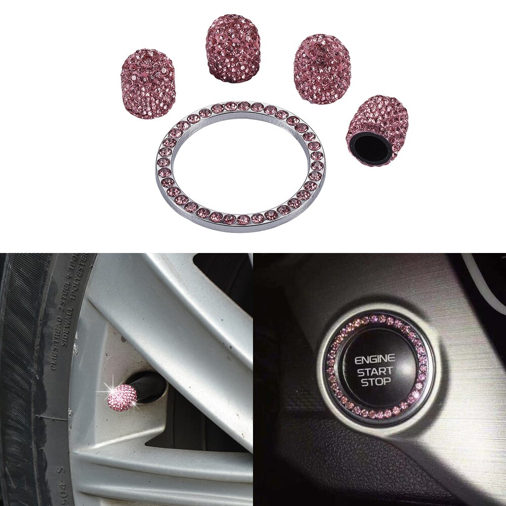 Auto Startknop Ontsteking Ring Met 4 Stuks Autoband Ventieldopjes Bling Crystal Rhinestone Decor Voor Auto Interieur