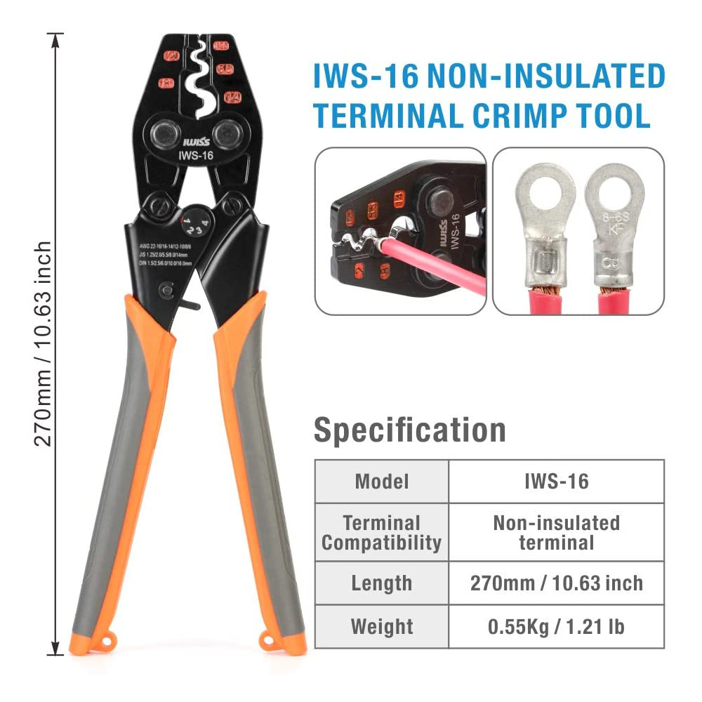 IWS-16 NON-INSULATED TERMINAL CRIMP TOOL IWISS Ratchet Crimping Tool AWG 22-6 for UT OT SC C45 terminals crimper pliers: Default Title