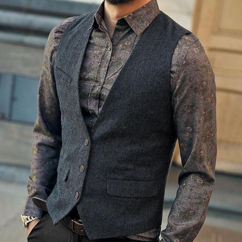 Men's Gray Herringbone Tweed Dress Vest Retro Vintage Gentleman Waistcoat Men Formal Business Sleeveless Vests Male Gilet 3XL