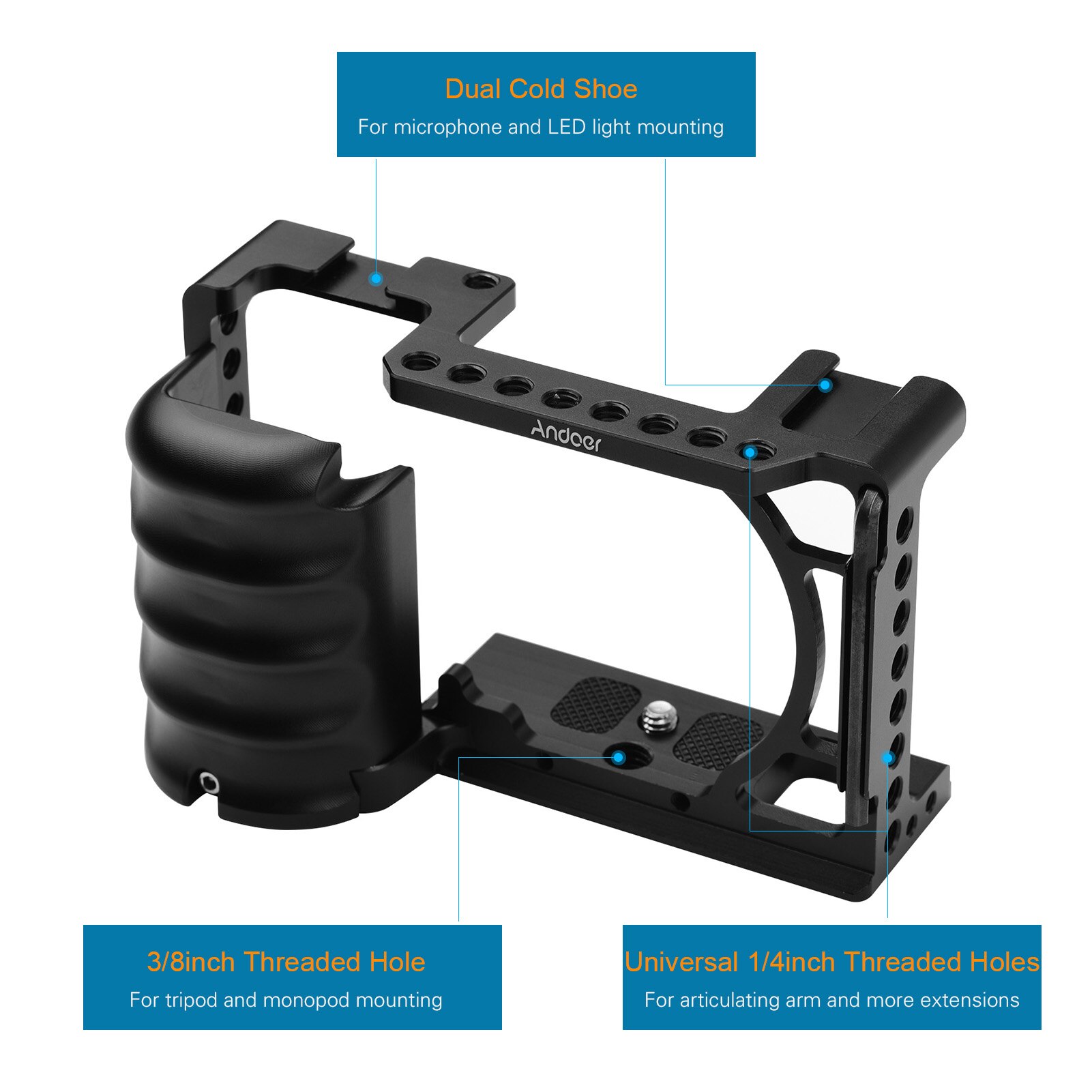 Andeor Video Camera Cage Rig Koude Schoen Mount 1/4 3/8 Schroefdraad Gaten W/Wrench Voor Sony A6000 A6100 A6300 a6400 A6500 A6600 Dslr