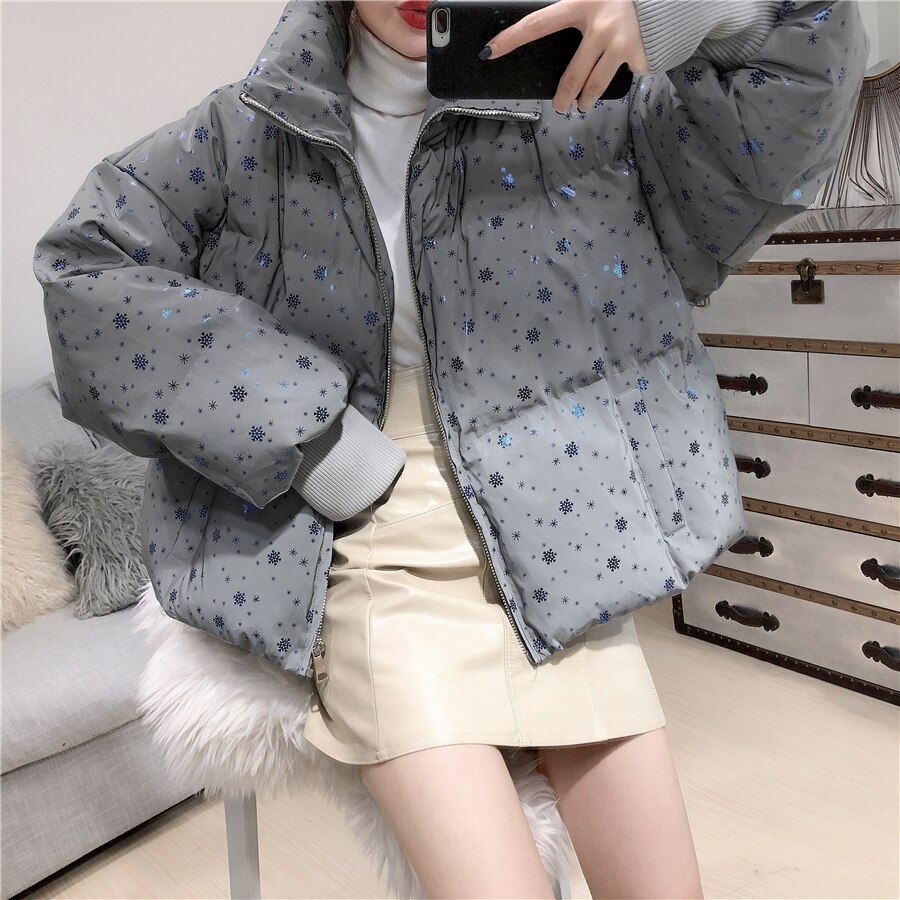 Vinter dam streetwear dunparkas oversize reflexjacka kort varm dam kappa snowflake paljett parkas vadderad jacka i bomull: Blå snöflinga / M