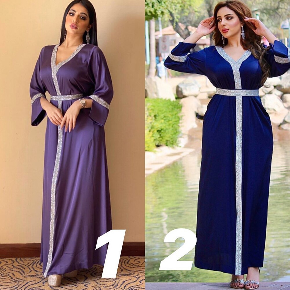 Arabische Abaya Jurk Voor Vrouwen Mode Etnische Diamond V-hals Lange Mouwen Maxi Jurken Turkije Marokkaanse Islamitische Kleding Fall