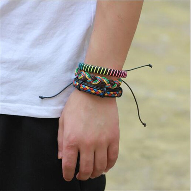 3 stk vintage læderarmbånd punk håndlavet farverigt flerlags charms armbånd og armbånd til mænds wrap armbånd