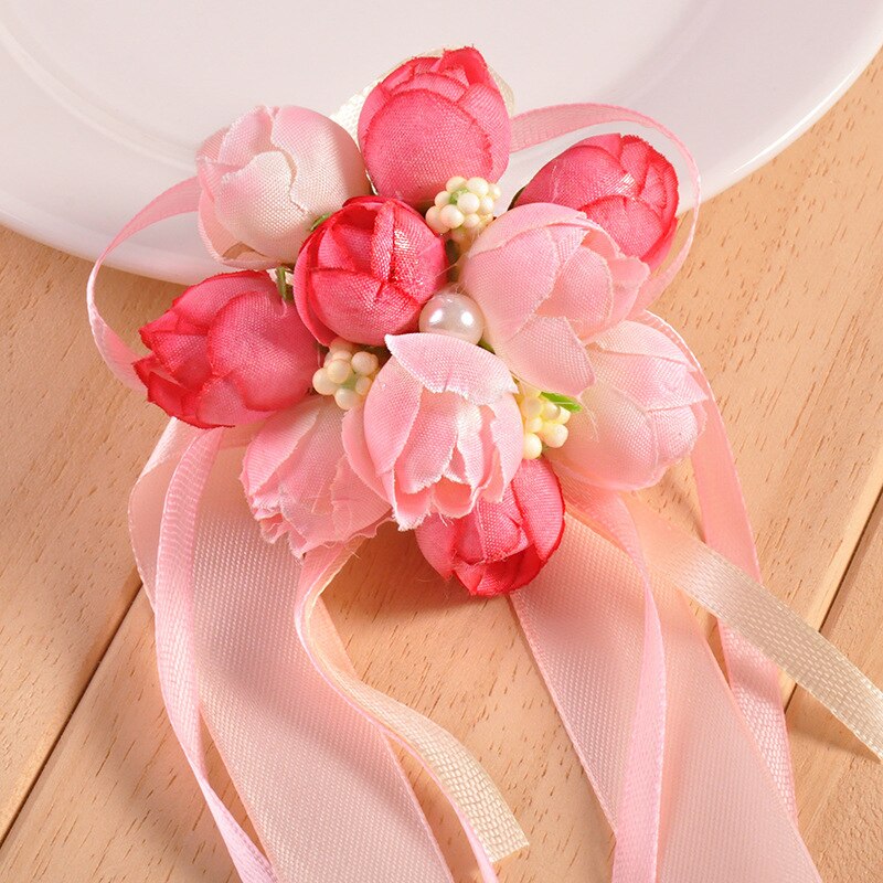 1pc Wrist Flower Rose Silk Ribbon Bride Corsage Hand Decorative Wristband Bracelet Bridesmaid Curtain Band Clip Bouquet: pink