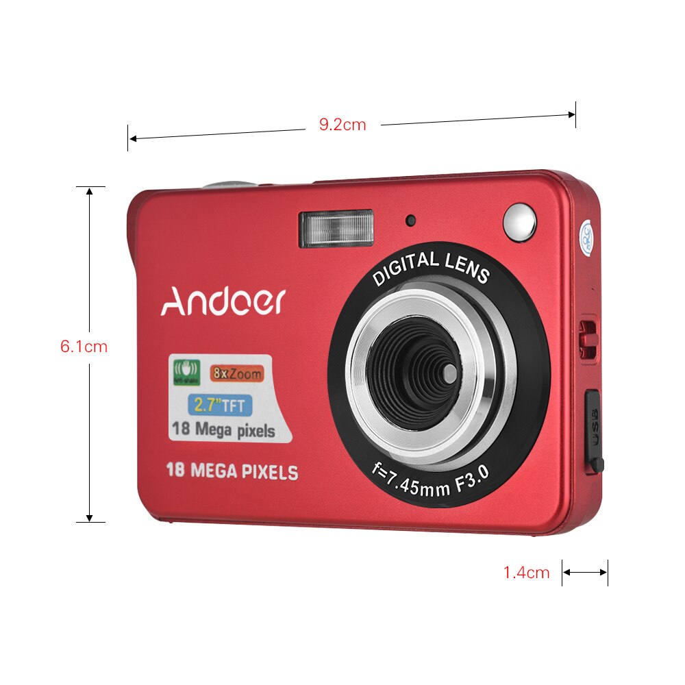 Andoer 18M HD Digital Camera 720P Video Camcorder 8X Digital Zoom Anti-shake 2.7inch LCD Video Camera with Rechargeable Battery: Red / With 16GB TF Card