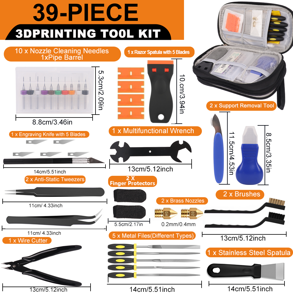 Kit de Ferramentas para Impressora 3D com 39 Peças, incluindo ferramentas de limpeza de bicos, raspador, escovas, conjunto de limas, cortador e faca para impressoras FDM/SLA: Default Title
