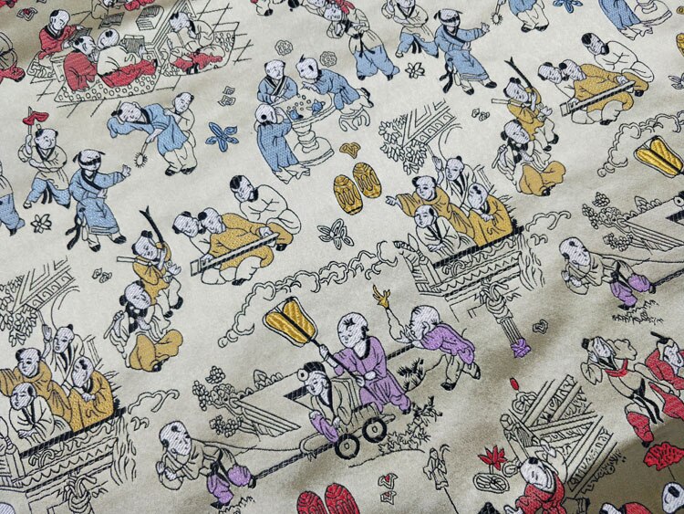 Chinese zijden brokaatstof, jongen tang-kostuum, cheongsam, bruiloft, dekbedovertrek, kussensloop, lichtgoud, honderd kinderen
