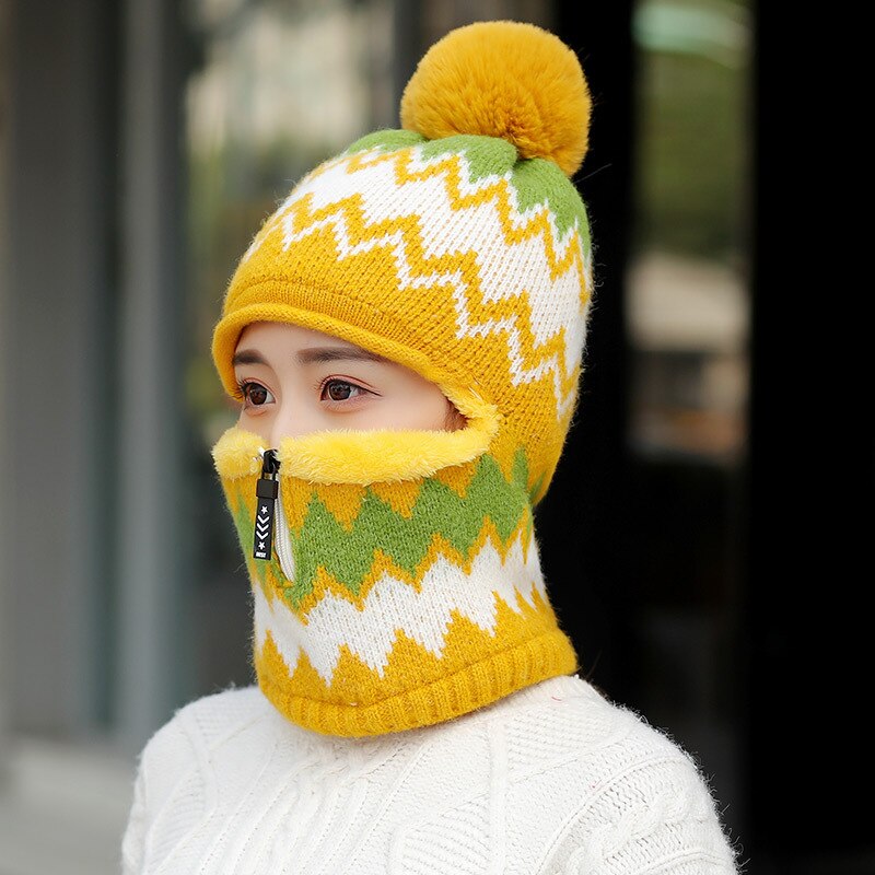 Double-Use Women Warm Knitted Hat Scarf Hooded Collar Elastic Winter All-Match Adult Teen Thick Soft Neck Warmer Female Caps: ZIPPER YELLOW