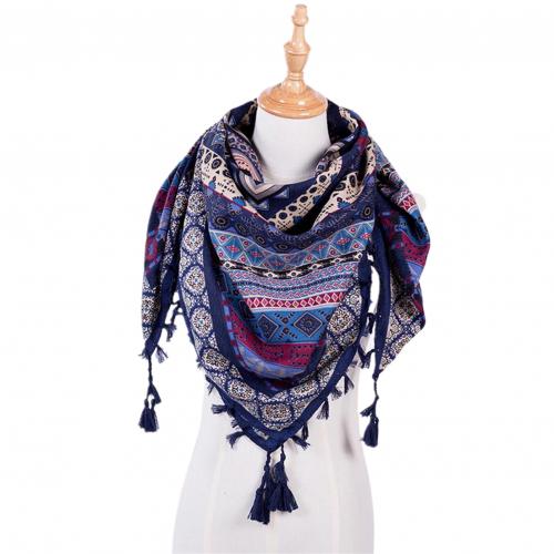 Women Winter Neck Wrap Long Warm Scarf Boho Cotton Ethnic Print Triangle Tassel Shawl neck bandana neck gaiter: Blue