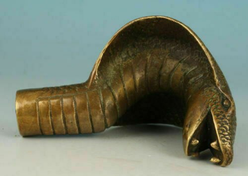 Old Bronze Handmade Carved cobra Snake Statue Cane Walking Stick Head Statues