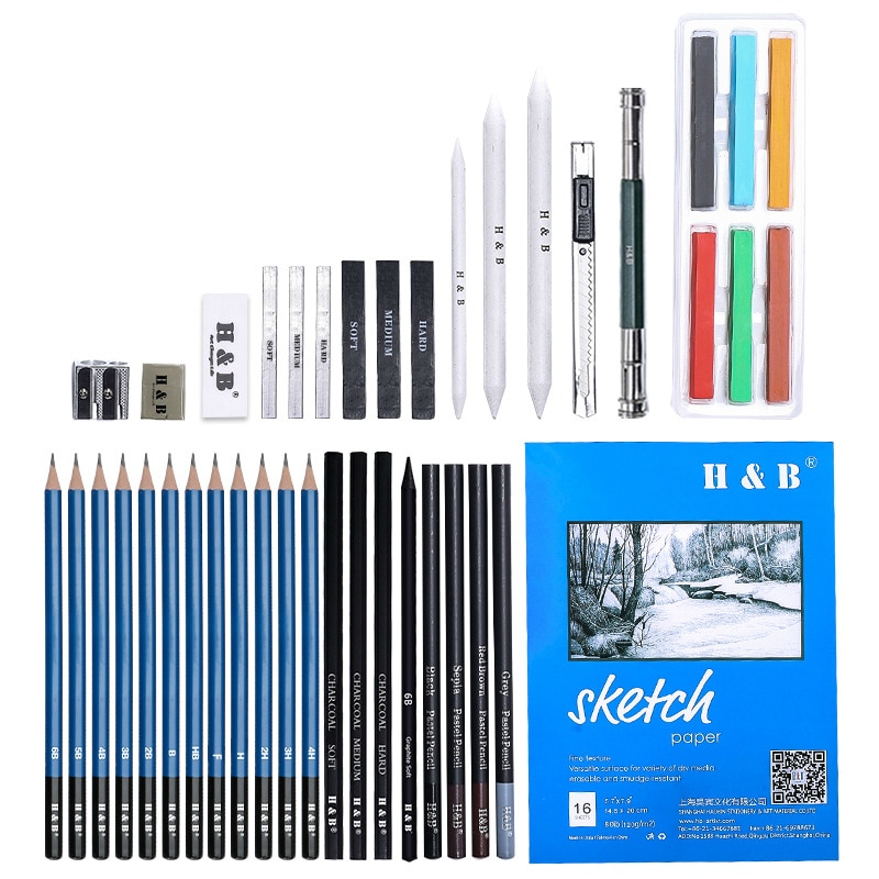 Complete Artist Kit Drawing Pencils Art Sketching Set HB-TZ72 with Zippered Case Supplies Includes Charcoals Pastels Sketch Pad
