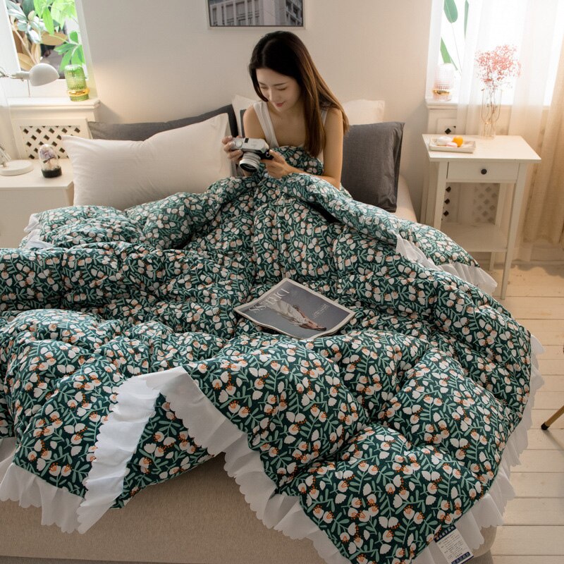 Heimat Textilien Rustikalen Ziemlich Jahrgang Gemütliche Rüschen Decke Gewaschen Baumwolle Dicken Tröster Weiche Bettwäsche Königin Beste 150x200cm: 100x150cm 1000g / Grün