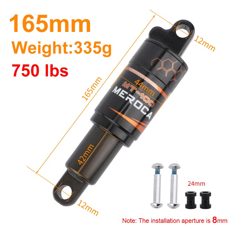 MEROCA-amortiguador Mt-100 de aleación de aluminio para bicicleta de montaña, muelle hidráulico trasero, 125mm, 150mm, 165mm, 190mm: 165mm x 750 lbs