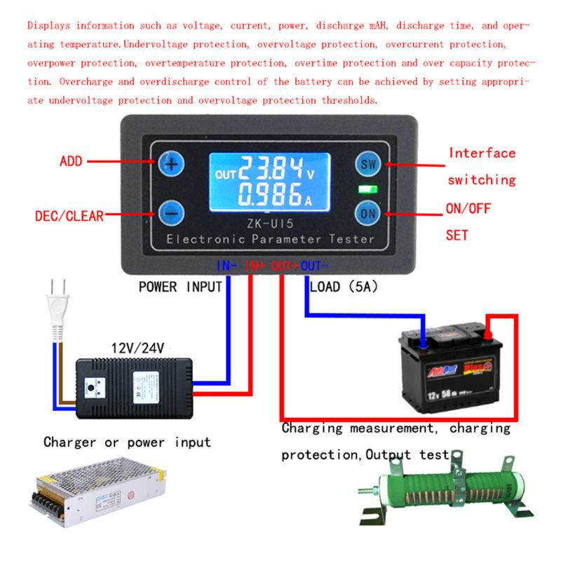 DC5-38V multifunción voltímetro amperímetro carga electrónica batería Monitor probador