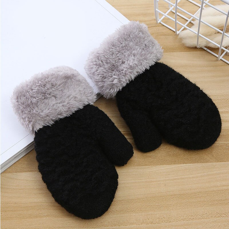Kind Warme Handschoenen Winter Outdoor Effen Kleur Volledige Vinger Handschoenen Kids Pluche Dikker Wanten Unisex Meisjes Jongens Gebreide Handschoenen: Black