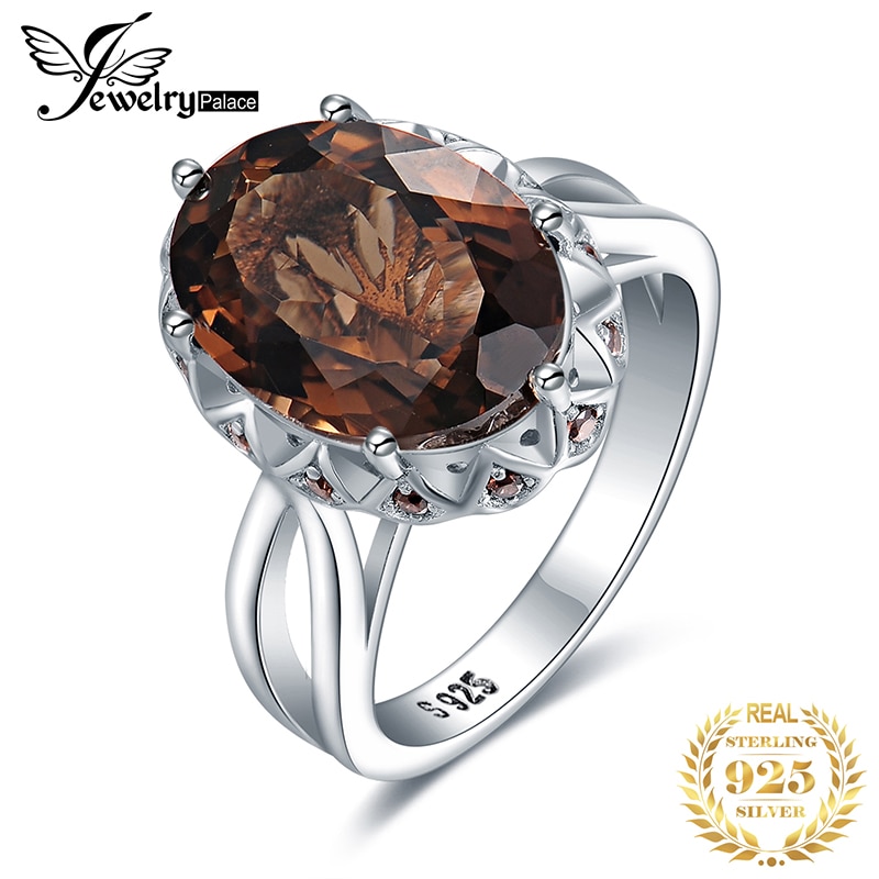 JewelryPalace 5.7ct forma Oval creado de cuarzo ahumado anillo cóctel anillo de Plata de Ley 925 de té de flor de cristal anillo de boda