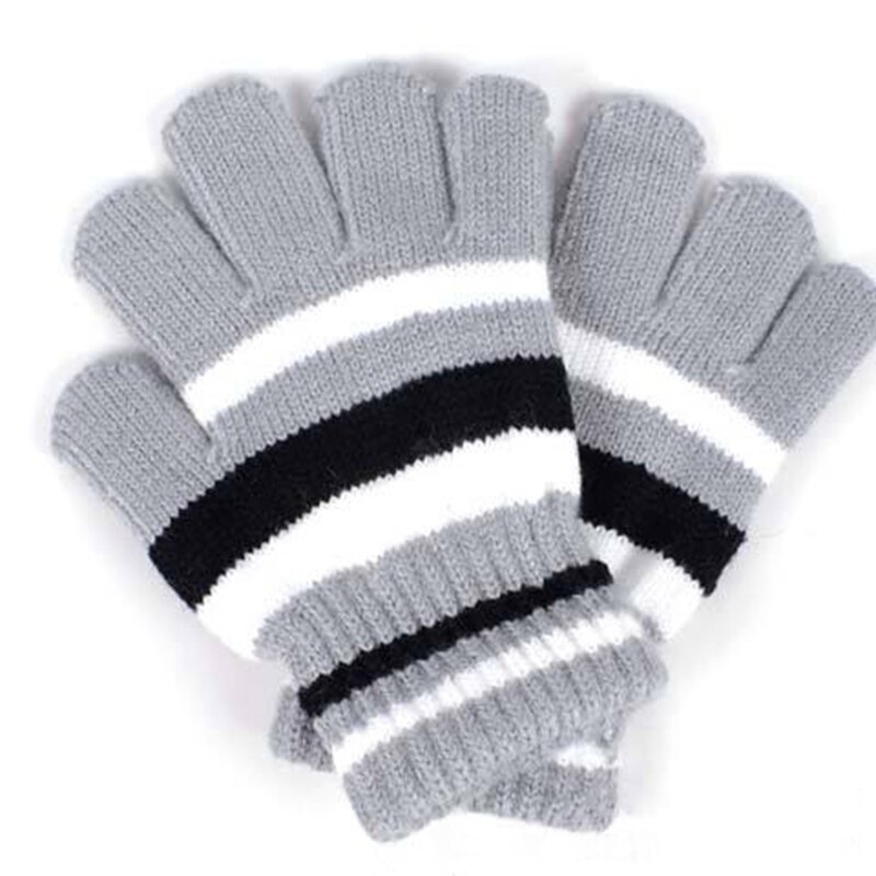 Guantes de invierno a rayas para niños, guantes para bebés, guantes para niñas, guantes cálidos de algodón para invierno, guantes para dedos completos de punto: Gray Gloves