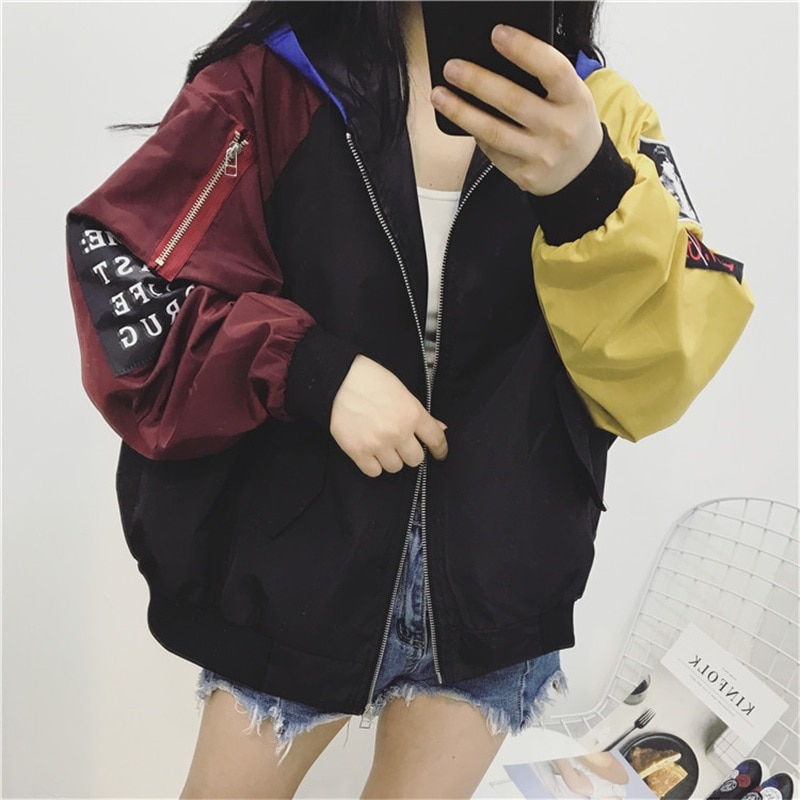 Jacket Women's Spring Jacket Women Contrast Short Jacket Long Sleeve Zipper Letter Female Jacket Korean Loose feminine Coat