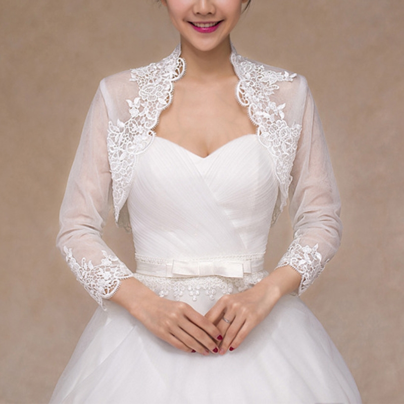 Frauen 3/4 Ärmel Hochzeit Jacke Kap Blumen- Spitze trimmen wickeln zucken Bolero Strickjacke